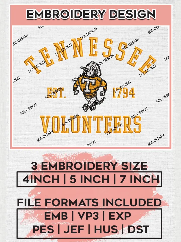 Tennessee Volunteers Est 1794 Embroidery Designs, NCAA Tennessee Volunteers Team Embroidery, NCAA Team Logo, 3 sizes, Machine embroidery Files, Digital Download