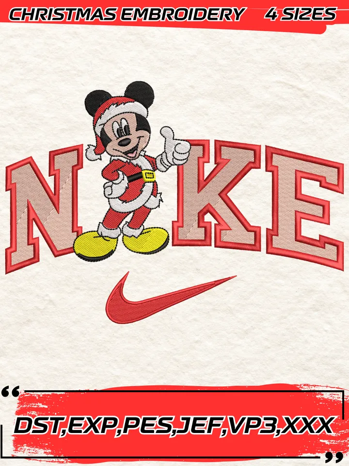 Swoosh Mickey Mouse Christmas Embroidery Design,Christmas Embroidery Design,4 Sizes,Digital Download
