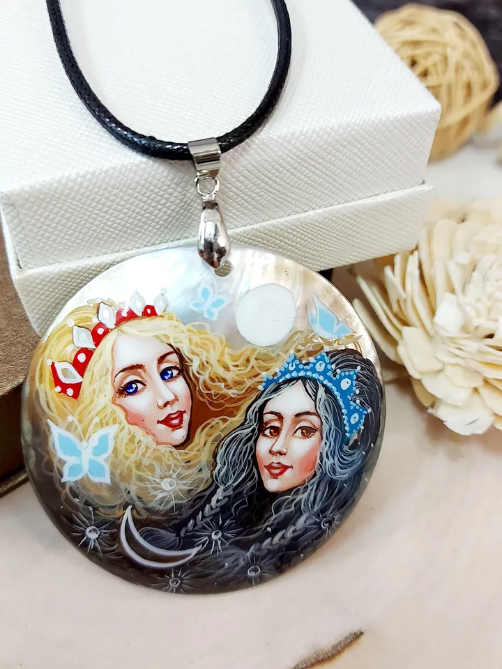 Pearl pendant necklace: Cute girls as images of Day & Night on elegant pendant. Handmade painting on lacquer shell. Dainty gift for sister