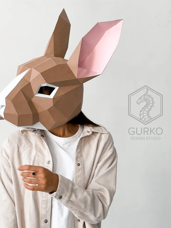 Rabbit Mask Papercraft, Hare, Digital Template, PDF Download, Gurko, 3D Low Poly Animal Mask, DIY Origami, Pepakura, Paper Mask, DIY Costume