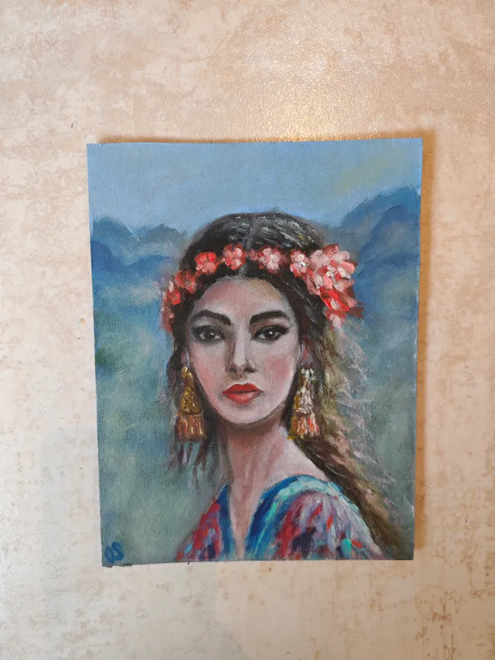Easten Girl Portrait Original Painting Oriental Girl With Earrings Original Art Girl Portrait Modern Artwork Girl Wall Decor Woman Oriental Oil Painting 6x8 inches by OlgaSokolovaArt