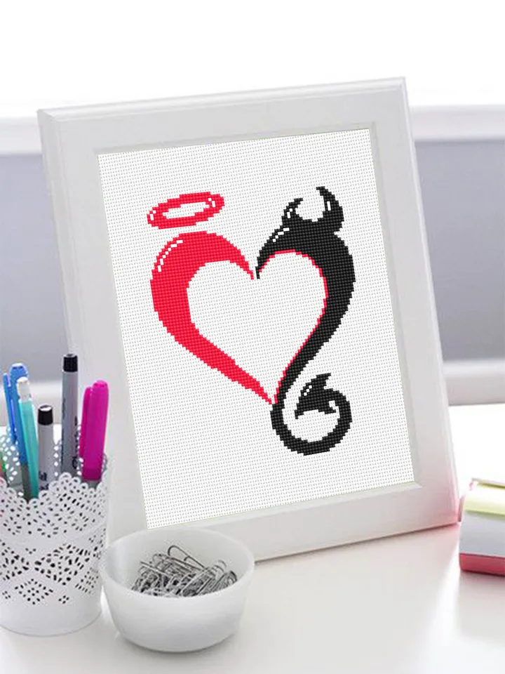 Heart cross stitch pattern download PDF Funny Valentine stitch, Heart ornament cross stitch chart, Angel and demon pattern PDF #T12