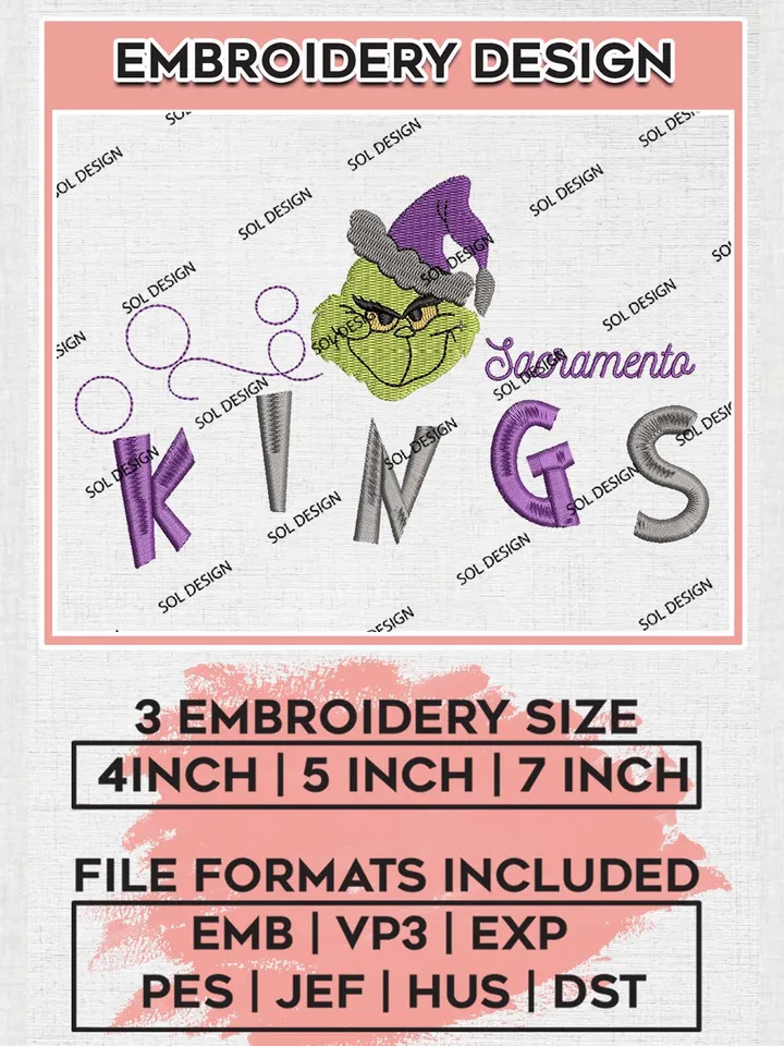 Grinch Sacramento Kings Embroidery Designs, Grinch Christmas Embroidery Files, NBA Sacramento Kings Machine Embroidery Designs, NBA Kings Logo, NBA Christmas Machine Embroidery Design, Digital Download