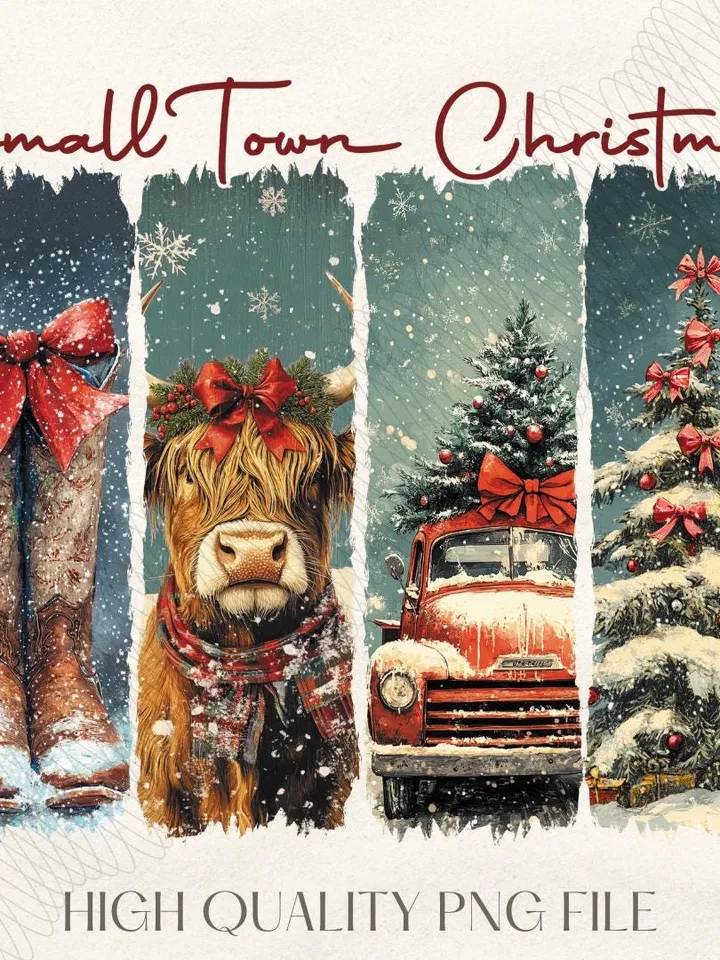 Vintage small town christmas PNG, Cowgirl Png, Small town girl Christmas PNG, highland cow Christmas png, Christmas western png