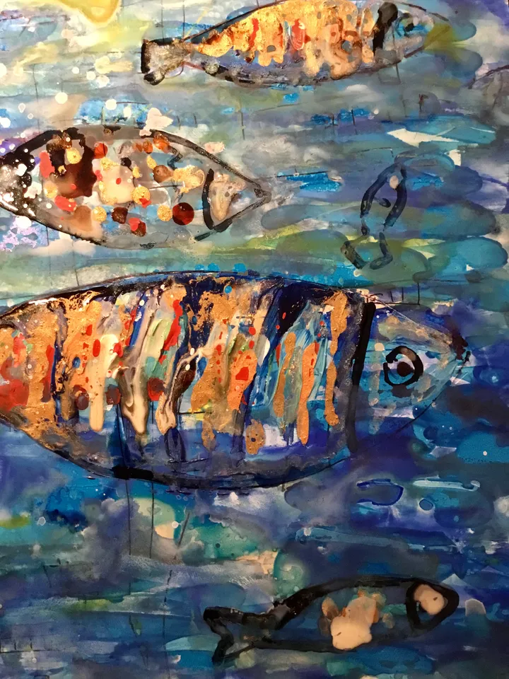 The undersea harmony,poster from original mix media artwork on yupo paper,alcohol inks,watercolor,glass paints ,unique handpainted artwork.