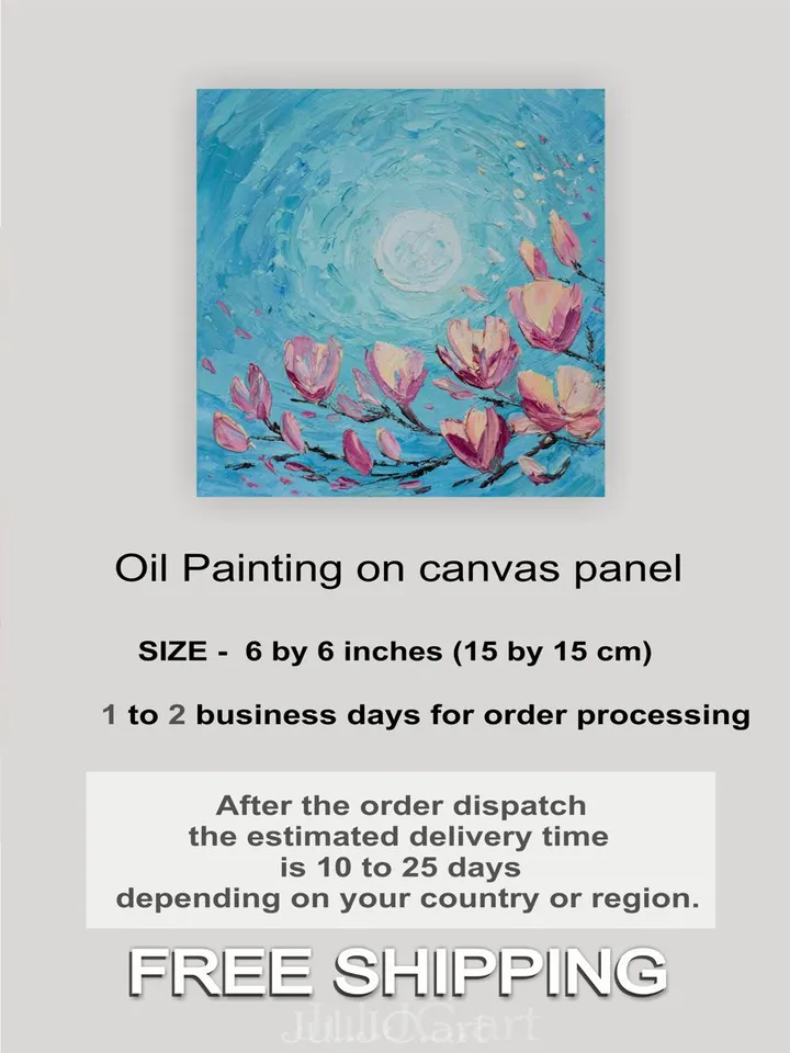 Magnolia painting Flower Small artwork Full moon night Original Art Flowering branches painting by Juliya JC