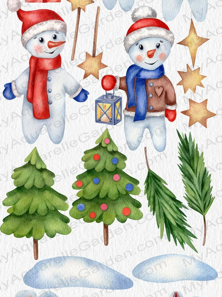 Snowmen Christmas tree toys Watercolor hand-painted images Winter New Year DIY wishes Stickers Wall art Gift wrap Scrapbooking Printable PNG