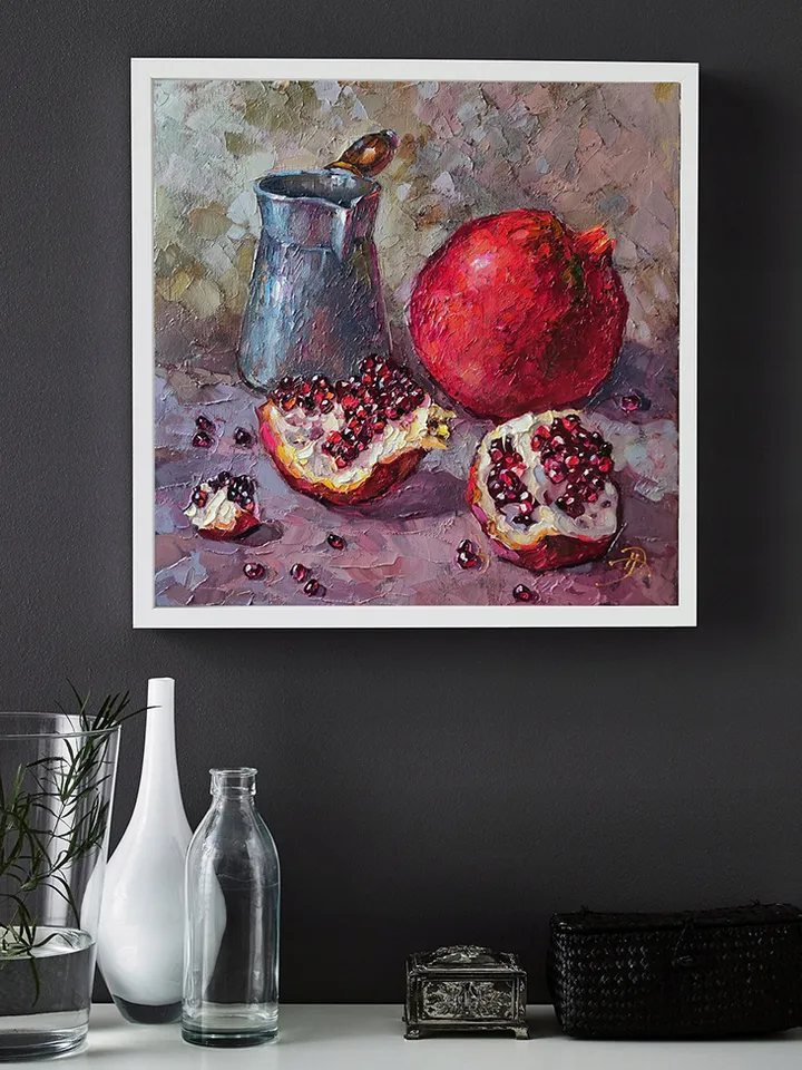 Fruit Pomegranate and Coffee Painting Still Life for Kitchen Original Art Oil Canvas Stretched Impasto Painting 16 x 16 inches by Nata_Lena_Art