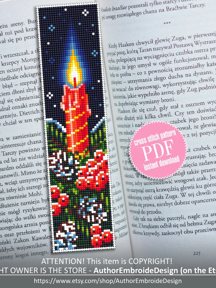 Christmas bookmark cross stitch pattern digital PDF Handmade bookmark embroidery beginner Christmas candle cross stitch Book lover gift #B38