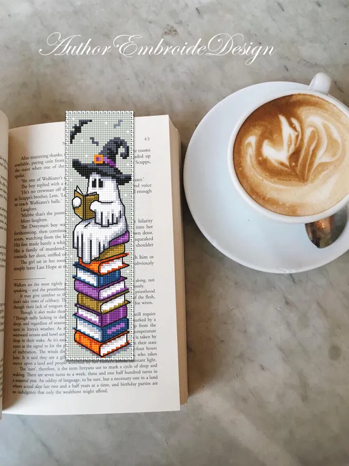 Witch ghost bookmark cross stitch pattern PDF download Reading ghost cross stitch chart, Cute Halloween bookmark pattern digital PDF #B365
