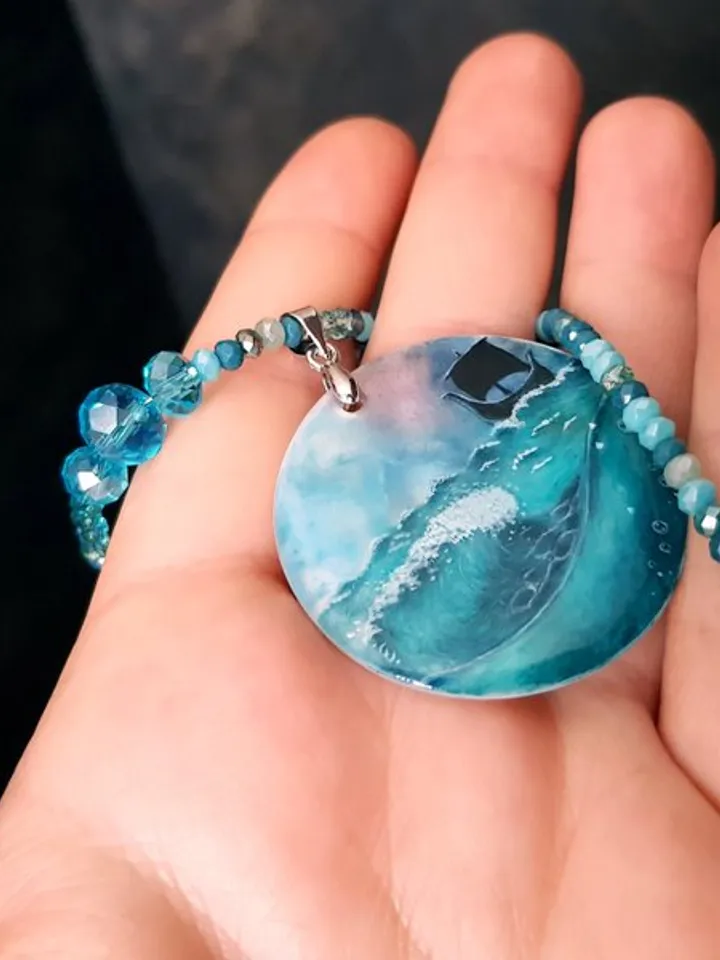 Wave necklace with viking ship, sea wave miniature painting on pearl pendant