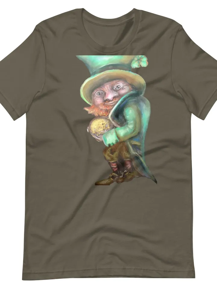 Unisex good luck leprechaun with golden coin t-shirt made from my original pastel painting,designer t shirts,unique handmade wearable gifts.