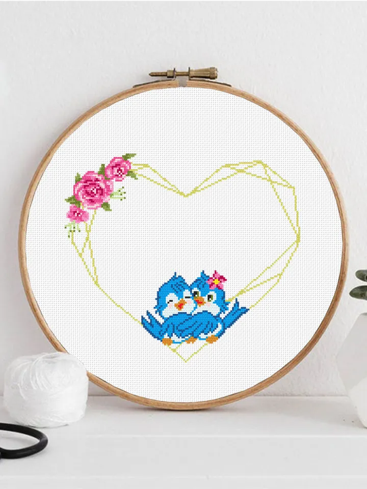Floral heart frame cross stitch pattern download PDF Blue birds cross stitch, Wedding cross stitch chart, Valentine stitch Flower wreath #Y7