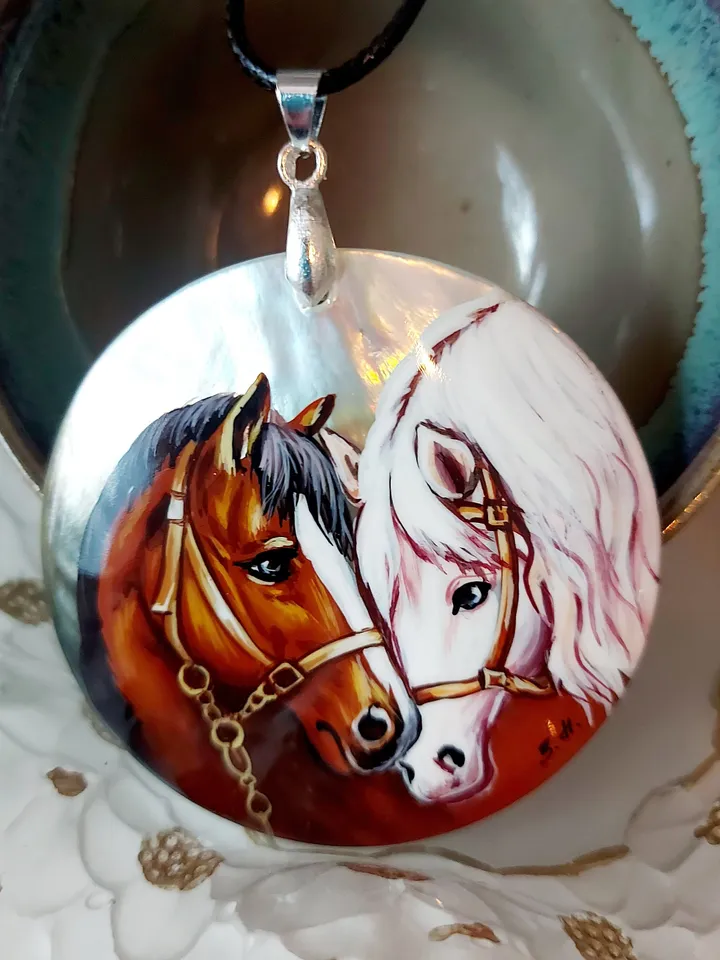 Pearl pendant necklace: Gentle pair of horses in love on handmade jewelry pendant • Dainty gift for nature lover • Elegant pendant for her