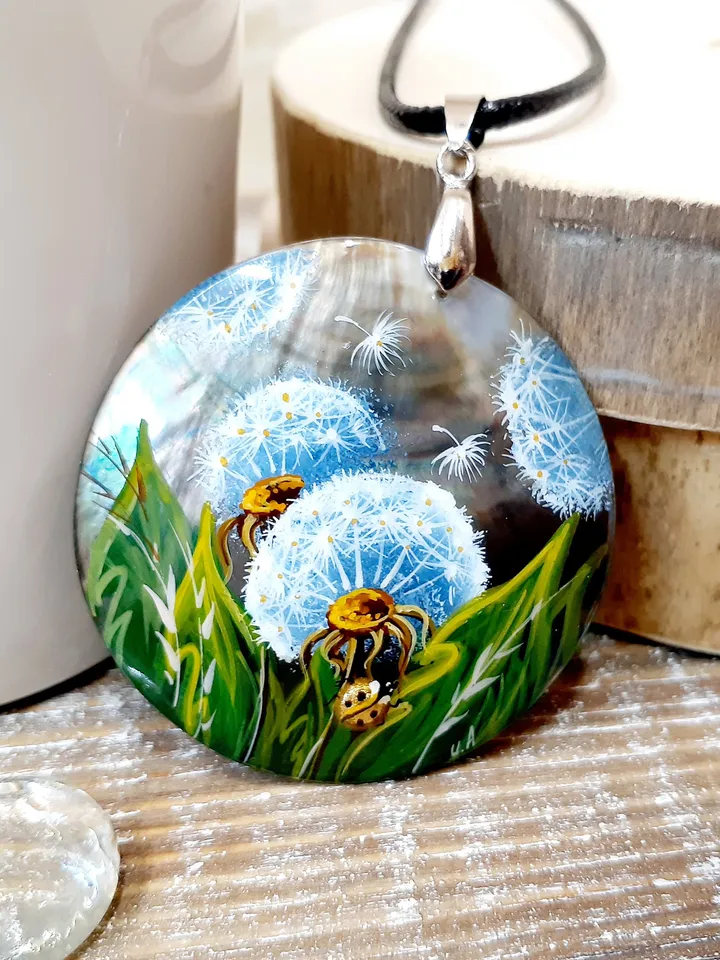 Whispering Dandelions: Hand-Painted Pearl Pendant in Green Grass - Nature's Delicate Charm, Symbol of Hope and Transformation