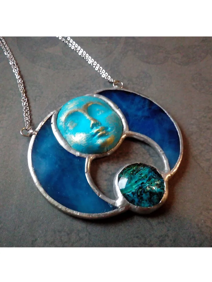 Stained glass blue moon, Moon Goddess, Moon phase necklace, Stainglass crescent, Full moon pendant, Moon face necklace