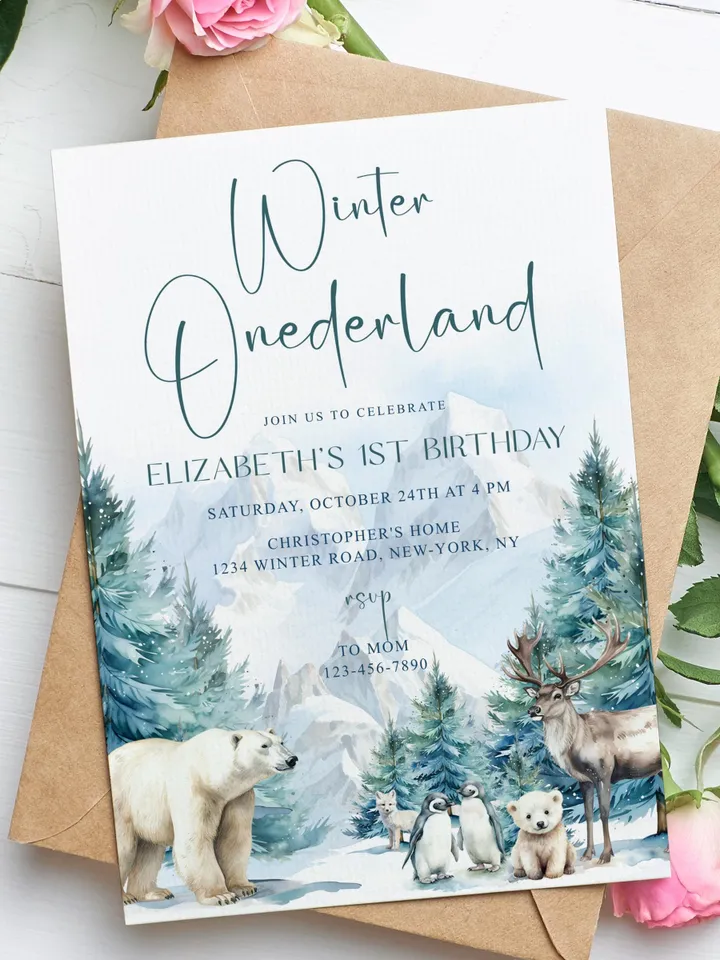 Winter Onederland 1st Birthday Invitation, Snow Woodland 1st Birthday Invite, Winter Onederland, Printable 1st Birthday Invitation - I132