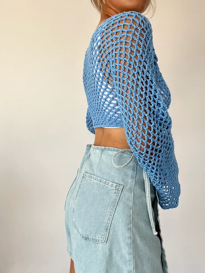 Mesh crop cardigan crochet pattern, long sleeve crop cardigan PDF