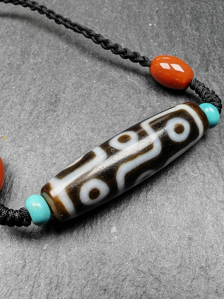 Gandhanra Vintage Tibetan 9 Eyes Dzi Bead Necklace,Protective Charm,Spiritual Gift,1.6" x 0.4"