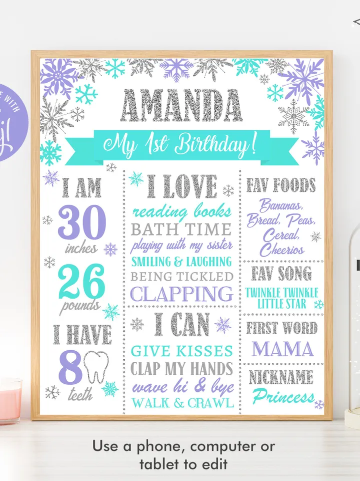 Winter Onederland 1st Birthday Sign, Winter Onederland Purple Turquoise Decorations Milestone Birthday Poster Editable Template Digital File