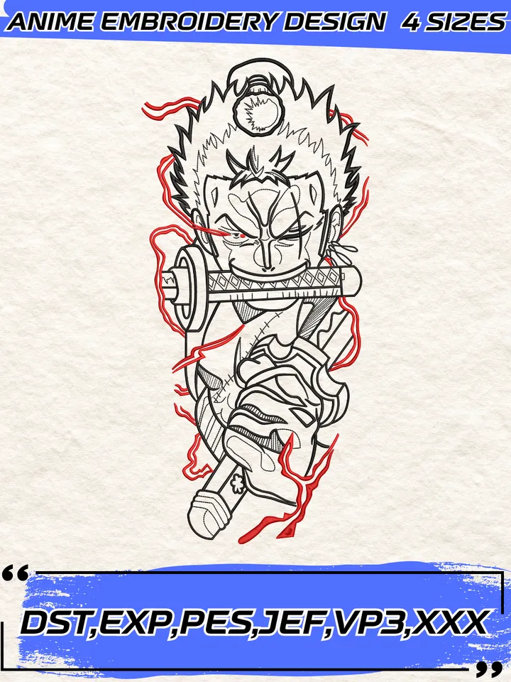 Zoro Bite The Sword Embroidery Design,One Piece Anime Embroidery Design,4 sizes, Instant Download