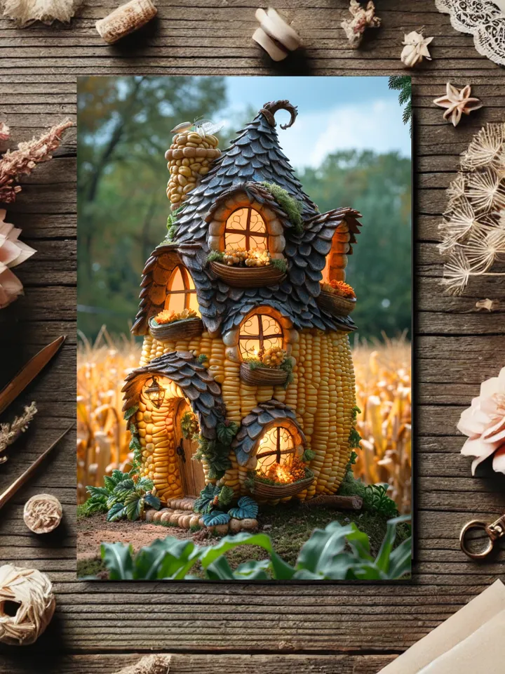 Set of 6 Enchanted Corn Cob Fairy House Postcards – Whimsical Fantasy Art