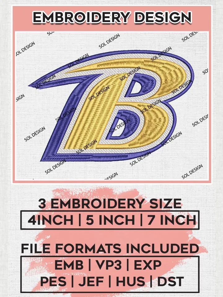Baltimore Ravens Embroidery Design Files, NFL Ravens, NFL Embroidery Designs, NFL Baltimore Ravens Machine Embroidery Design, Digital Download