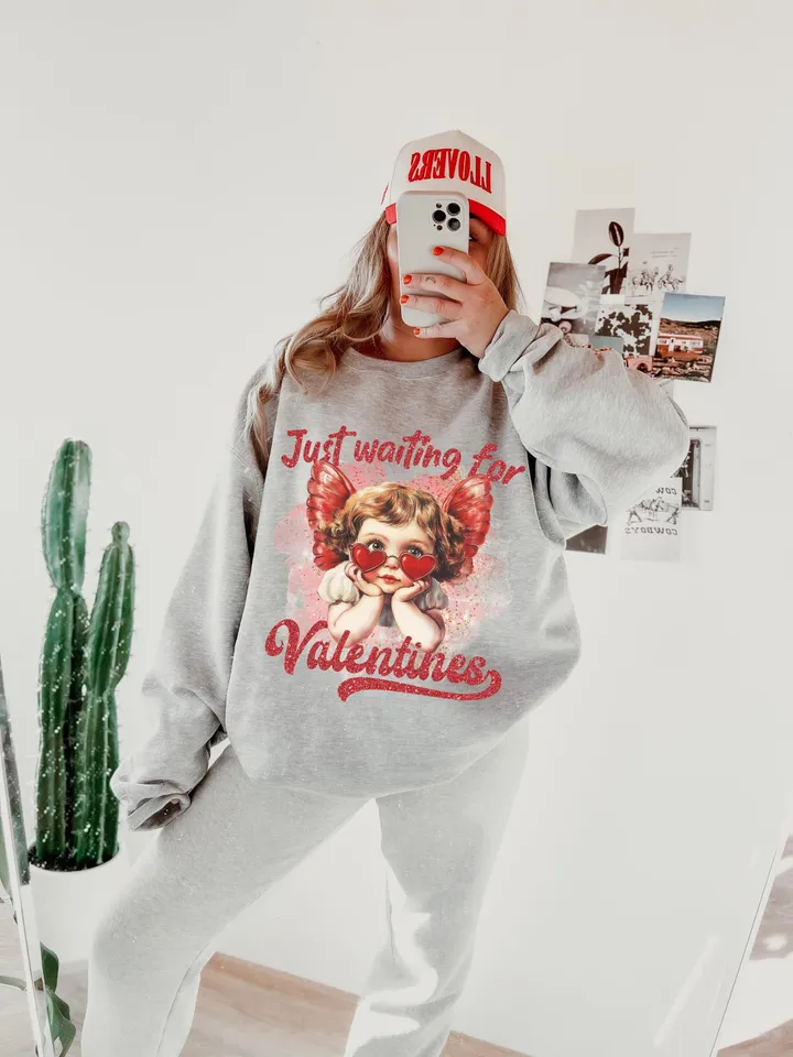Just Waiting For Valentine's Png, Retro Valentine Shirt Design, Gold Glittered Cupid, Valentine's Day Png, Valentine Love Png Digital
