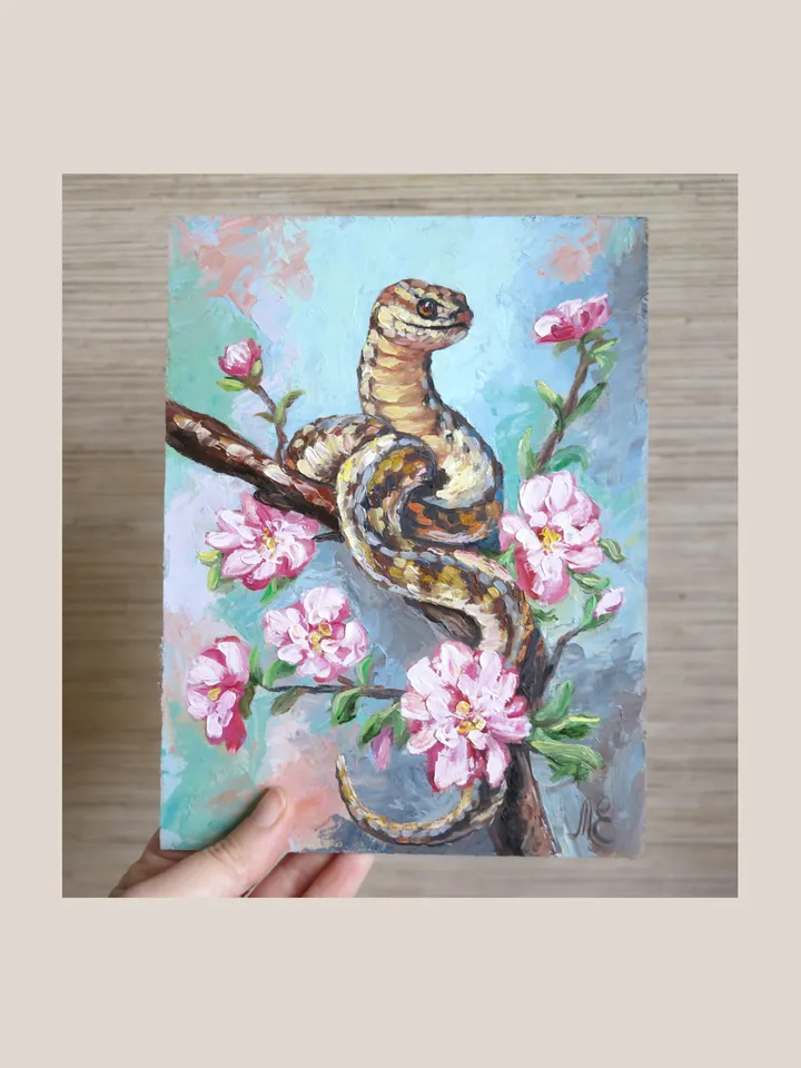 Original Oil Painting Snake on Branch with Flowers, Nature Art Mini Oil Nature Portrait Artwork
