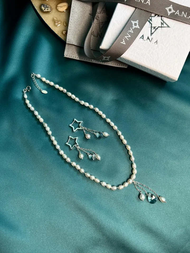 Pearl Silver 925 Jewelry Set Necklace Earrings PEARL TEARS