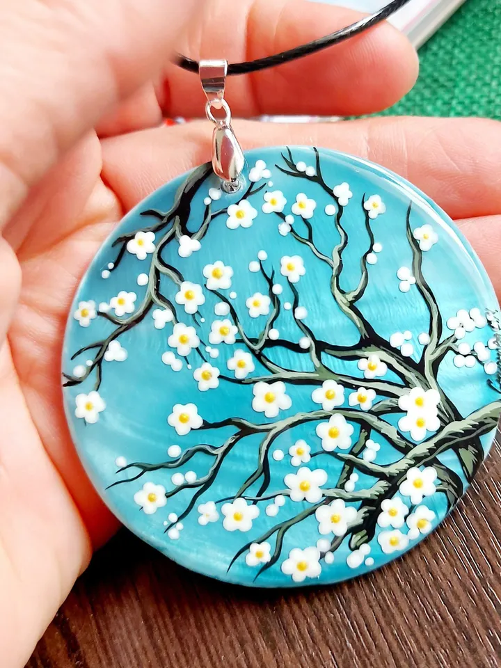 Pearl pendant necklace: Almond Blossoms by Vincent van Gogh on stylish mother of pearl necklace • Hand painted aesthetic pendant for women