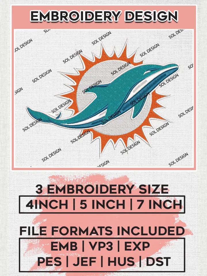 Miami Dolphins Machine Embroidery Design Files, NFL Dolphins, NFL Logo Embroidery Files, NFL Miami Dolphins Machine Embroidery Design, Digital Downlo