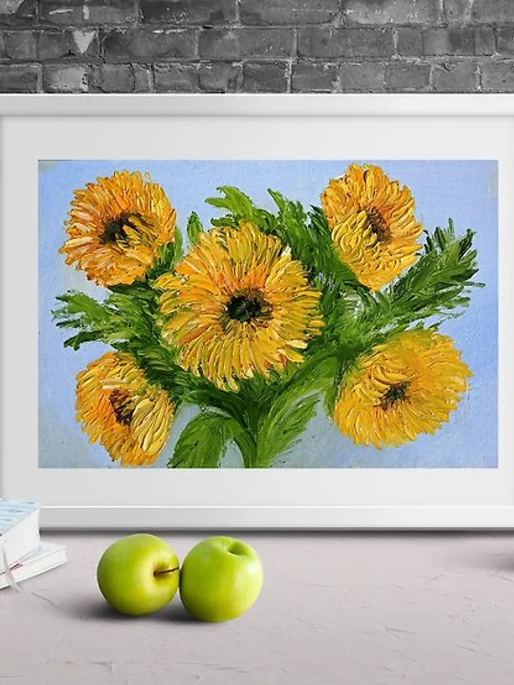 Oil Painting Bright Flowers Chamomile Sunflowers Impasto Art Miniature 20x30 cm