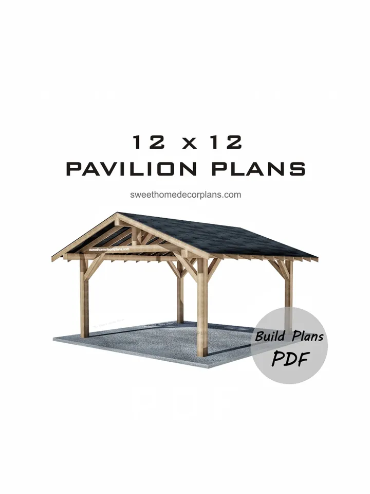 Diy 12 x 12 gable pavilion plans in pdf. Carport plans. Square outdoor covered gazebo plans. Diy backyard wooden pergola plans for outdoor