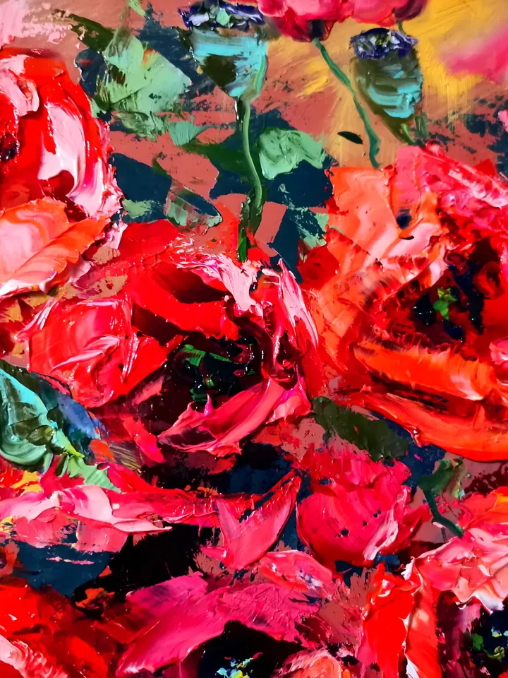 Poppy Oil Painting Flowers Impasto Glass Vase Candy Original Artist Svinar Oksana