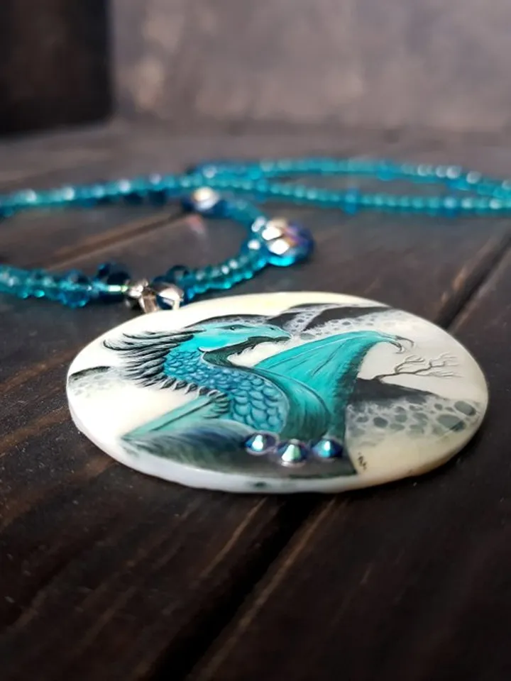 Dragon necklace. Miniature painting of dragon on mother of pearl pendant