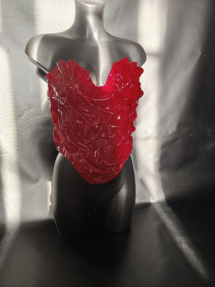 Red corset, cosplay corset, custom corset, crop top, plastic cotset, unique corset, festival corset, golden wave corset, photo props