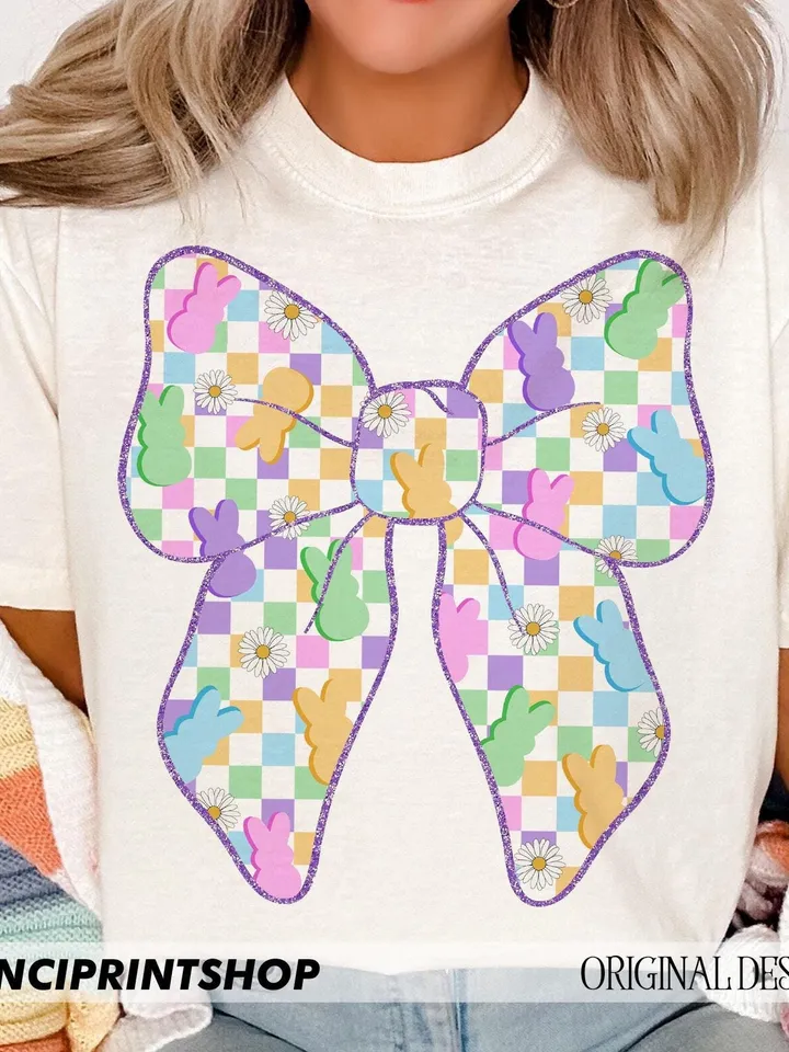 Checkerboard pastel easter bow png, Easter Coquette Bow png, Easter png, Easter Bunny png, Easter Shirt png, Spring png, Retro Easter png