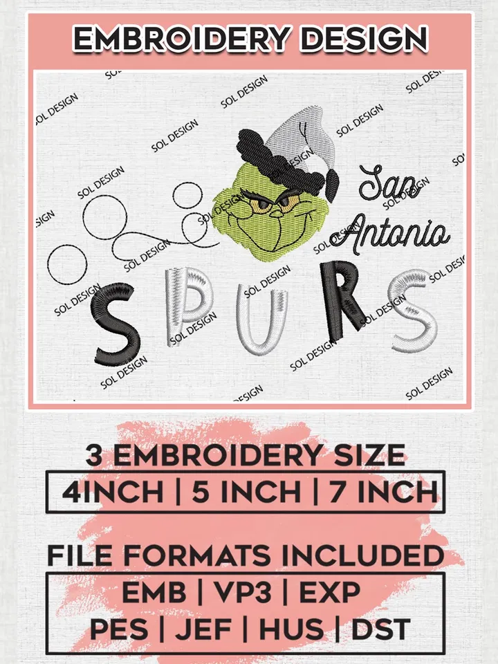 Grinch San Antonio Spurs Embroidery Designs, Grinch Christmas Embroidery Files, NBA San Antonio Spurs Machine Embroidery Designs, NBA Spurs Logo, NBA Christmas Machine Embroidery Design, Digital Download