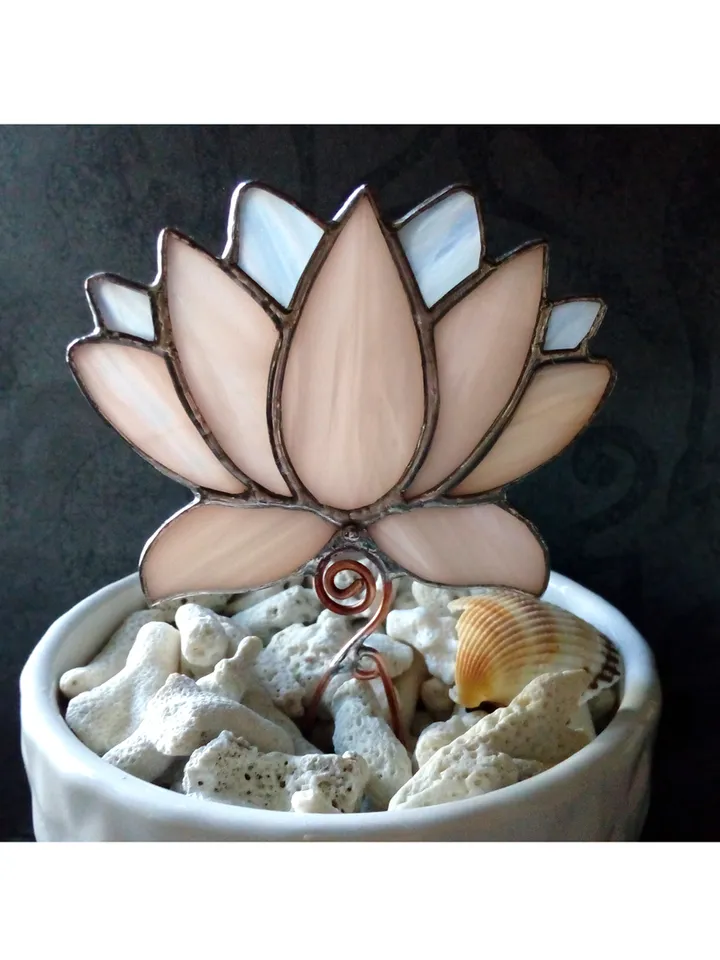 Flower suncatcher, Lotos, Pink lotos flower, nature Stained glass, Glass plant, Stained glass flower, Garden art