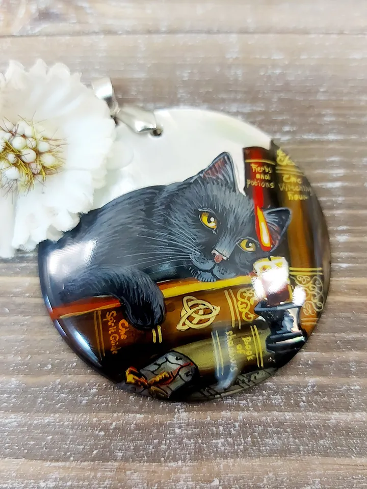 Russian jewelry: The cat in the library. Mother-of-pearl Russian hand painting. Hand-painted necklace pendant. Elegant Fedoskino lacquer art
