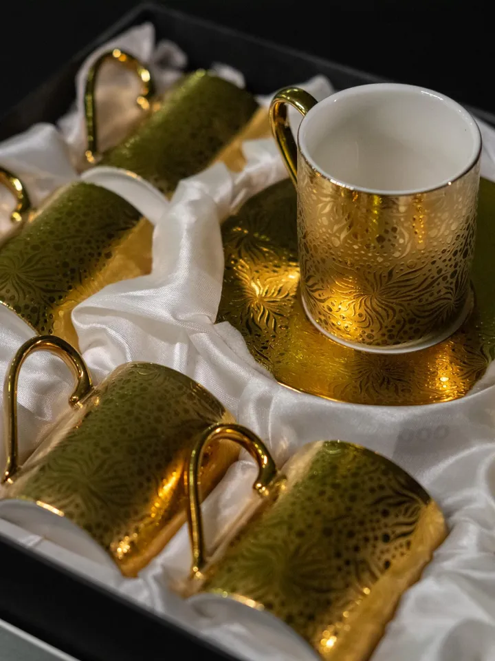 Gold Colour Porcelain Tea Cups and Saucers | Tea Cups Saucers Set | Porcelain Set | Elegant Teaware | Gift For Tea Lovers, Gift For Her