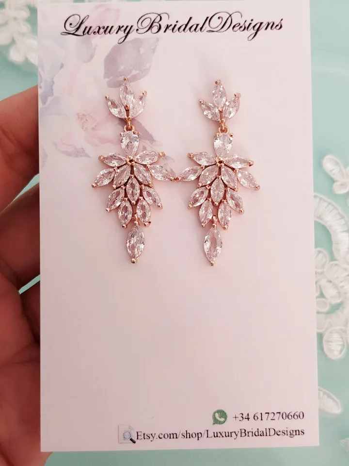 Rose Gold CZ Wedding Earrings For Bride, Bridesmaid Earrings, Cubic Zirconia Leaf Bridal Earrings, Chandelier Statement Earrings, Jewelry