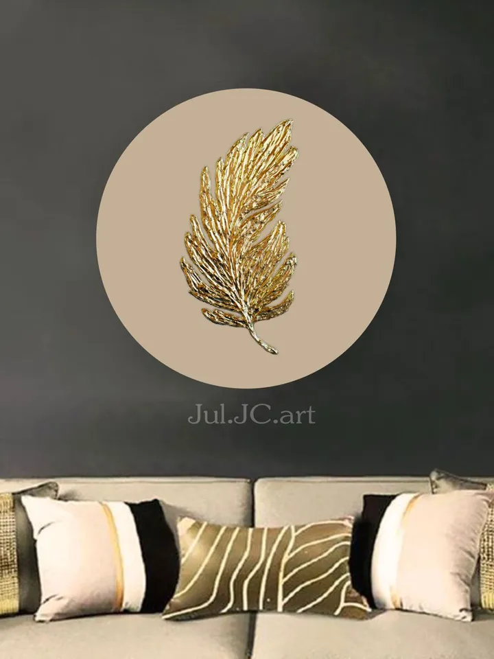 Gold Feather Abstract Painting Gold and Beige Wall Art on a round canvas Textured Artwork Modern wall decor