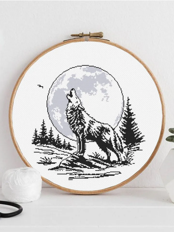 Wolf moon cross stitch pattern PDF download Howling wolf cross stitch chart, Nature pattern digital PDF, Full moon embroidery beginner #L85