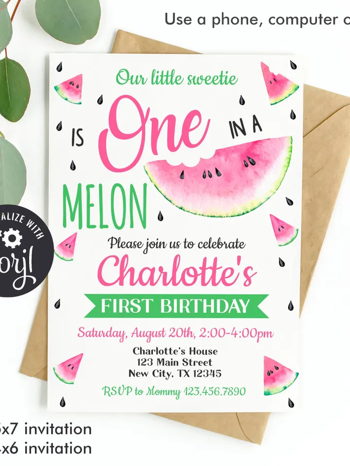 One in a melon invitation, 1st birthday invitation for girls, watermelon birthday invitation, editable template instant download