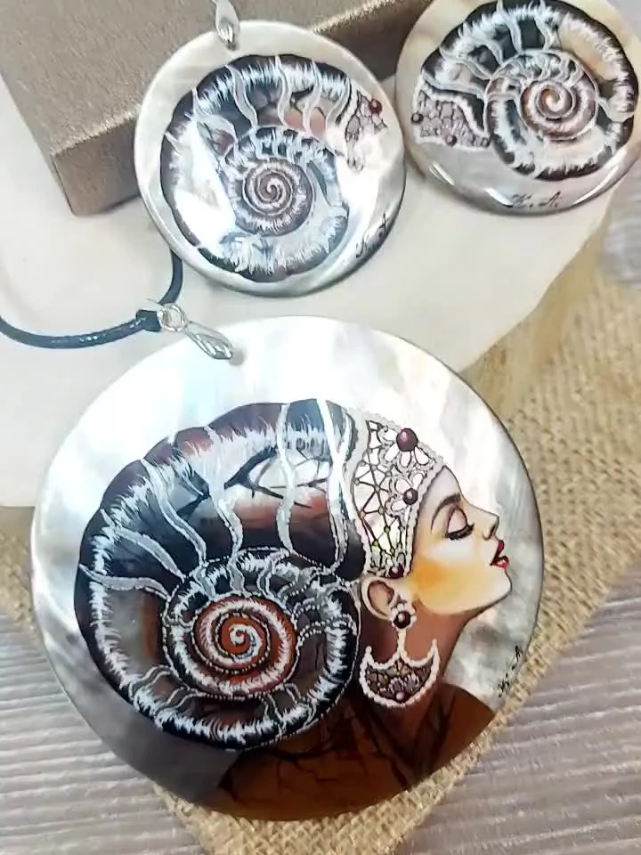 Nacre set necklace pendant and pearl earrings "Queen Ammonite". Mother-of-pearl. Hand-painted on shell. Hand painted miniature Jewelry