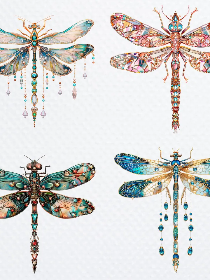 14 Jewelled Dragonfly PNG Bundle, Gemstones Printable Watercolor clipart for sublimation, High Quality PNG, Digital  Paper craft, journaling