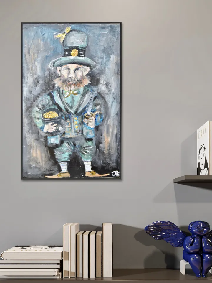 Leprechaun with a pot of gold original acrylic painting on canvas, good luck leprechaun,gift or home decoration, wall art,home decor.