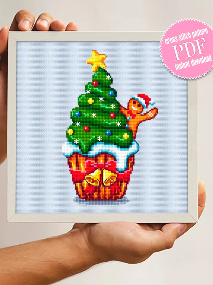 Christmas cupcake cross stitch pattern download PDF Winter holiday cross stitch chart Christmas pattern digital Kawaii christmas stitch #N37